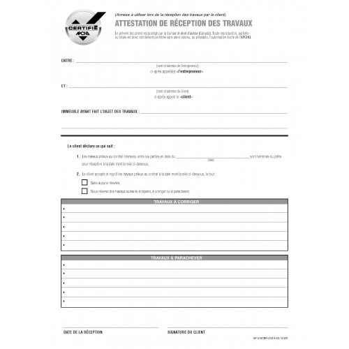 Attestation de réception des travaux Certifié APCHQ